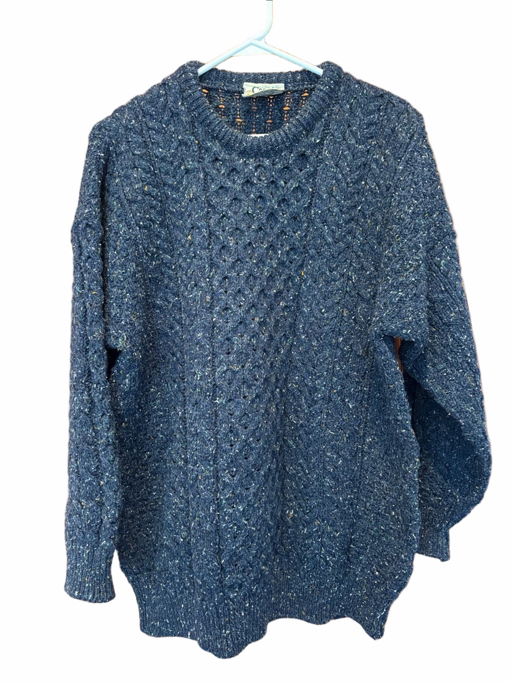 Carraig Donn Vintage Blue Ireland New Wool Aran Cable Knit Fisherman Sweater